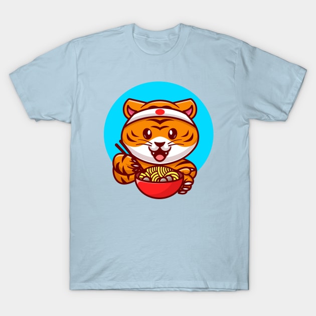 Cute Tiger Eating Ramen Noodle With Copstick Cartoon T-Shirt by Catalyst Labs